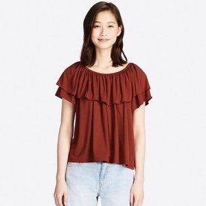 UNIQLO | Women Ruffle Off Shoulder Brown Short Sleeves Blouse | Medium